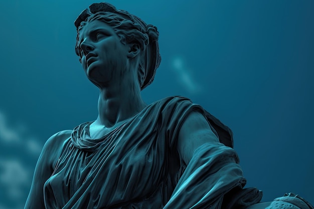 A statue of a woman with a blue background