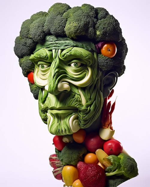 A statue of a woman with broccoli on her head