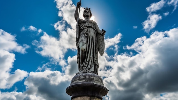 A statue of a woman with a crown on her head stands in front of a cloudy sky.