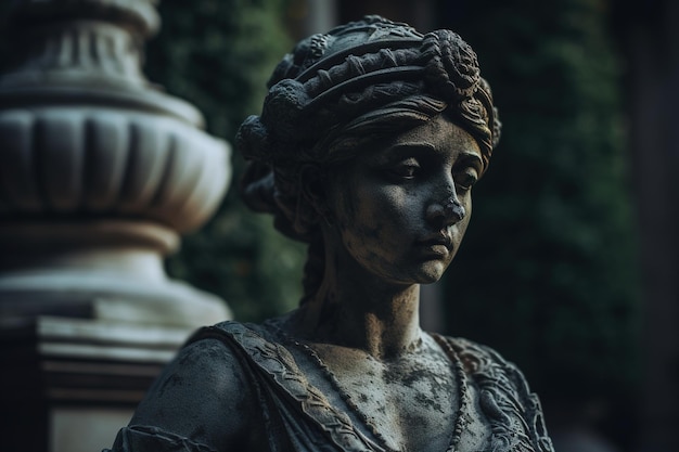 머리에 왕관을 쓴 여인상이 석상 앞에 서 있다.