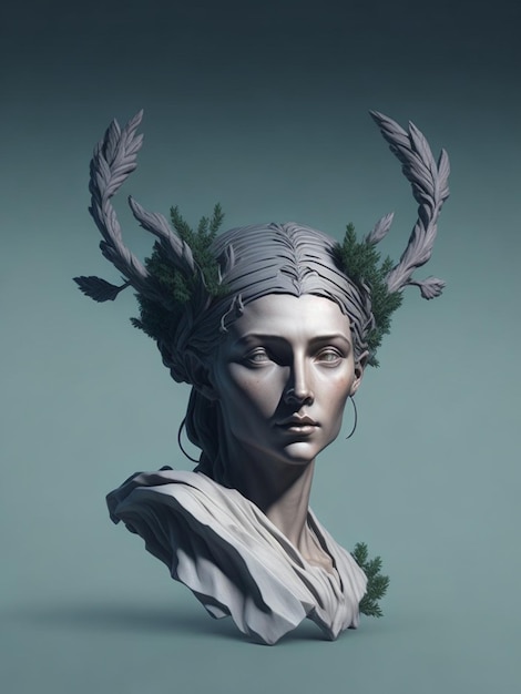 A statue of a woman with feathers on her head and a white shirt with a green wreath on her head.