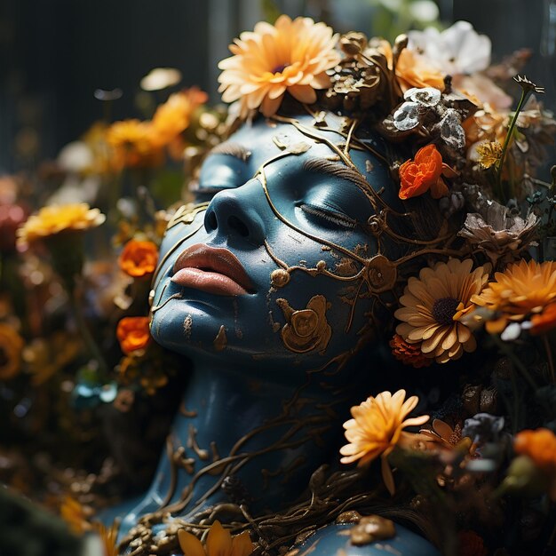 a statue of a woman with flowers in her hair