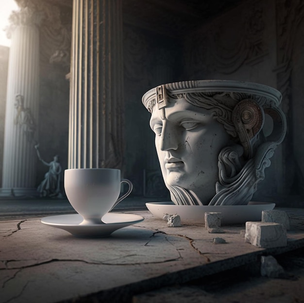 A statue of a woman with a head on it next to a cup of coffee.