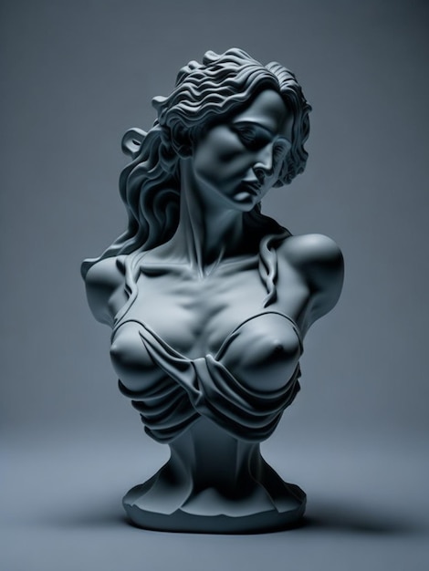 A statue of a woman with long hair and a bra on it