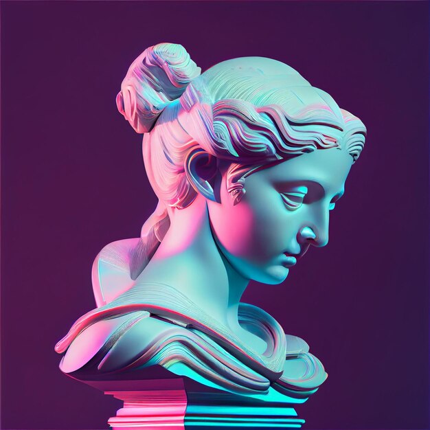 A statue of a woman with a pink and blue light behind it.