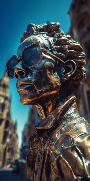 A statue of a woman with sunglasses on and a blue sky behind her.