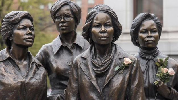 A statue of women with a flower on the front