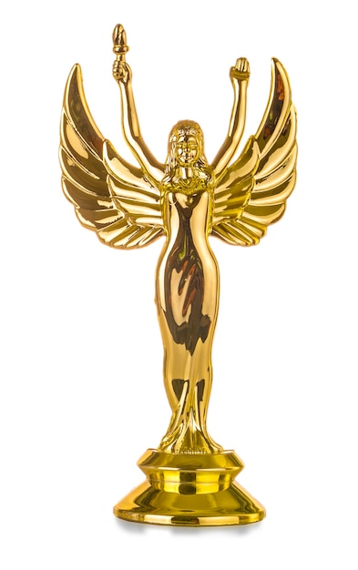 Statuette of an award-winning angel on a white background.