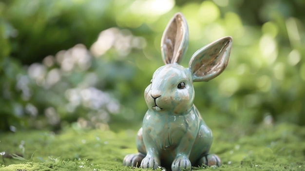 Statuette of a ceramic rabbit in the garden