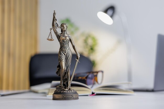 Фото Статуэтка богини правосудия фемиды стоит на столе в офисе юридической фирмы или адвоката