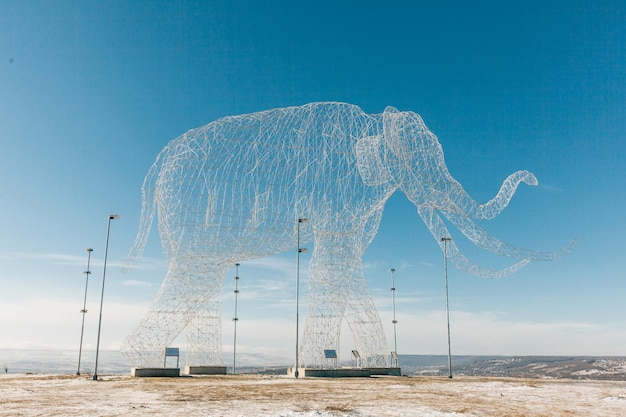 STAVROPOL Russia JANUARY 10 2023 architecture a 20meter elephant made in a framespatial technique on the mountain of Stavropol