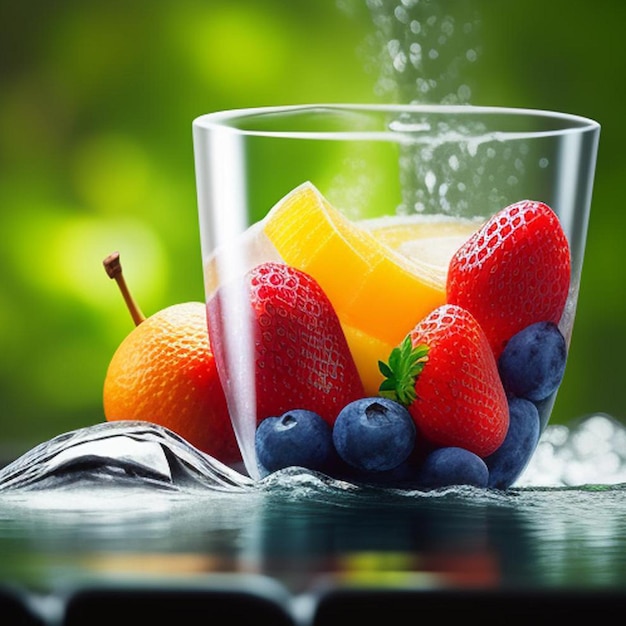 stawberry and blue berries with water