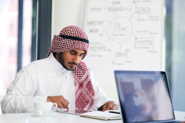 Staying on task with smart technology Shot of a young muslim businessman using a digital tablet at his work desk