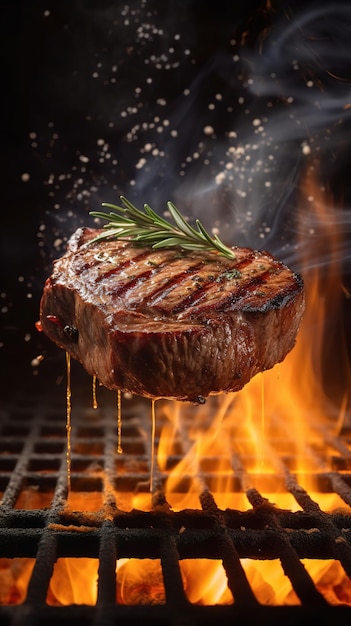 A steak being cooked on a grill with a sprig of rosemary on it.