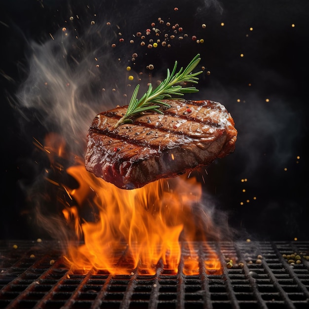 Photo a steak being roasted over a fire with a sprig of green herb on it.