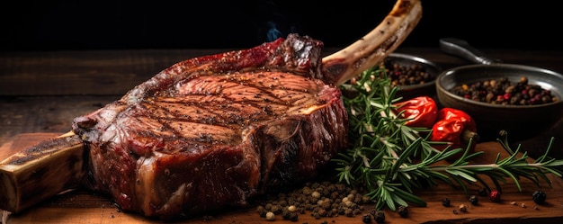 Photo steak on the bone tomahawk steak on wood board generative ai