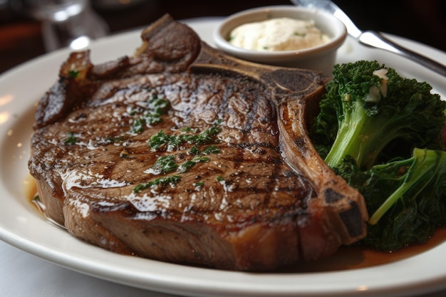 A steak and broccoli on a white plate generative AI