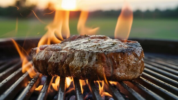 Steak cooking on a grill next to the flame