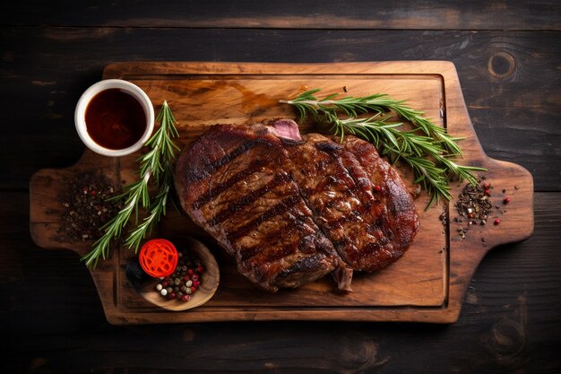 Photo a steak and a cup of sauce are on a cutting board