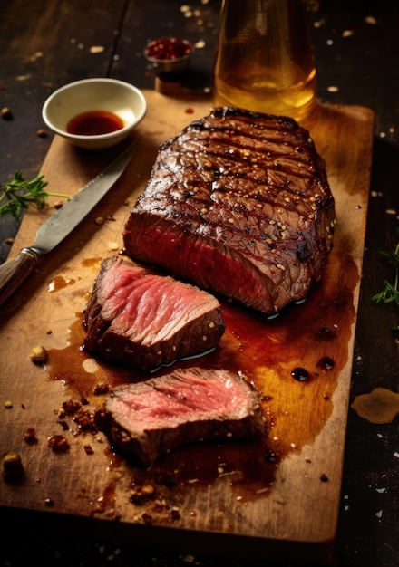 Steak cut into slices and served on kitchen