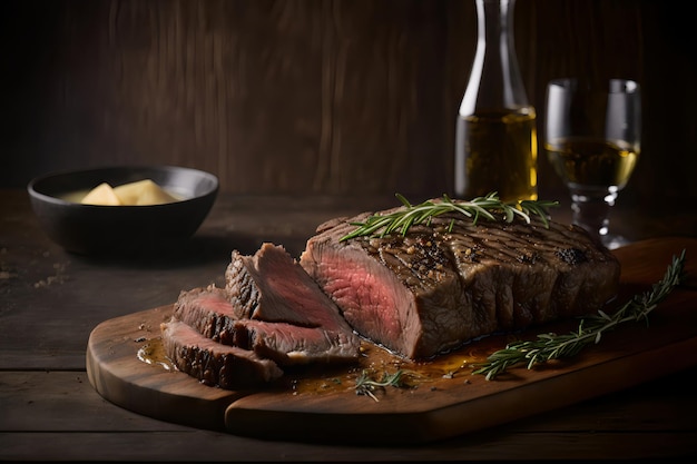 A steak on a cutting board with a bottle of wine behind it.