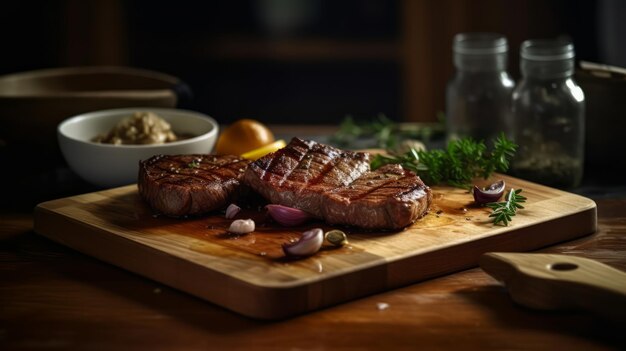 A steak on a cutting board with a bowl of food on the side.