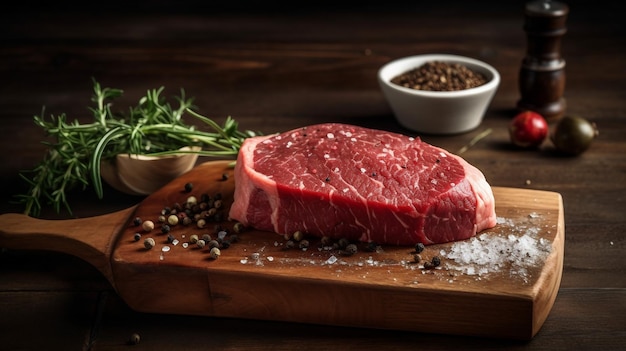 A steak on a cutting board with a bowl of spices and a bowl of herbs.