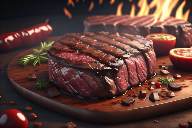 Photo a steak on a cutting board with a fire in the background.