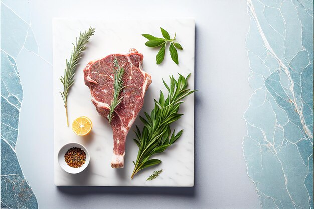 A steak on a cutting board with herbs and spices on it