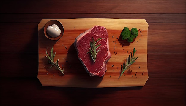 A steak on a cutting board with a knife and a bowl of broccoli and a small egg on it.