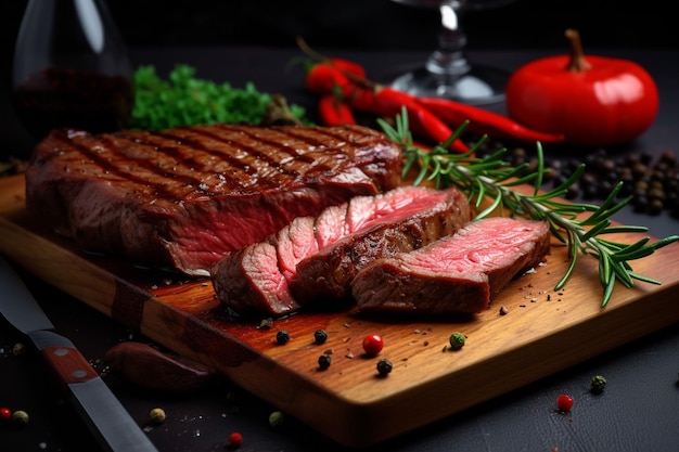 A steak on a cutting board with a slice of meat on it