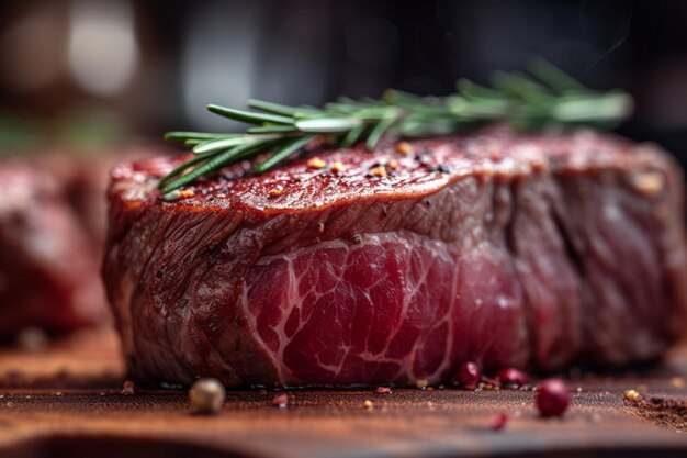 A steak on a cutting board with a sprig of rosemary on it