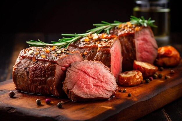 Foto una bistecca su un tagliere con sopra un rametto di rosmarino.