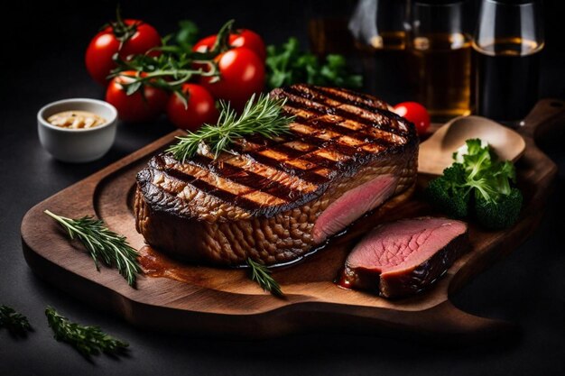 Photo a steak on a cutting board with tomatoes and herbs