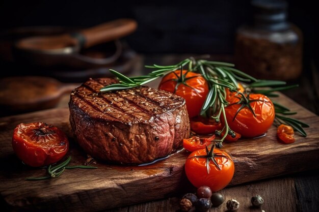 A steak on a cutting board with tomatoes and herbs