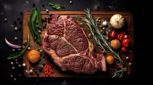 A steak on a cutting board with vegetables and herbs.