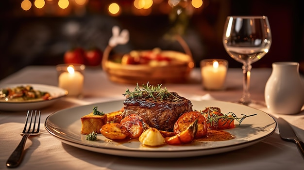 A steak dinner with a glass of wine on the table