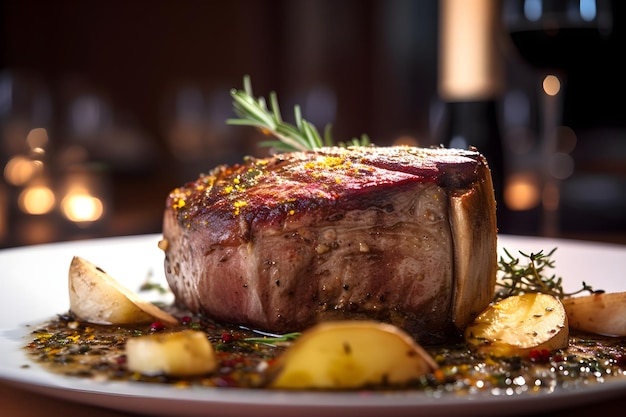 A steak dish with a sprig of rosemary on it