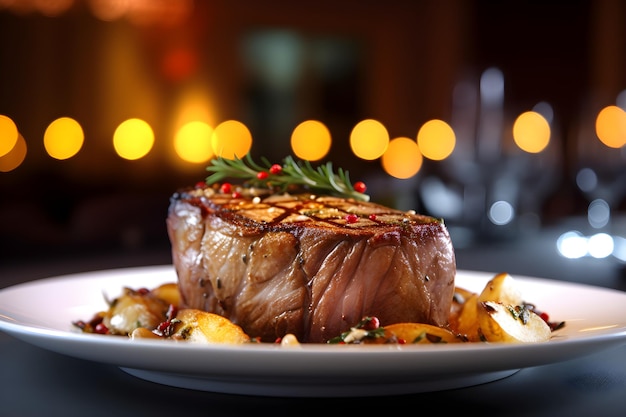 A steak dish with a sprig of rosemary on it