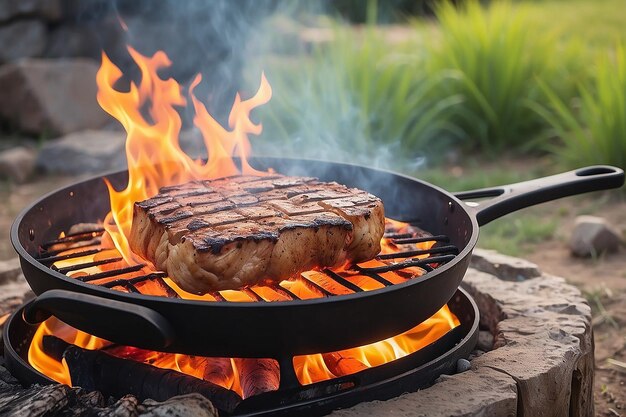 Foto bistecca al fuoco con lo sfondo della natura