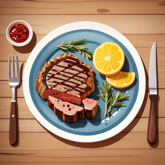 Стейк еда на тарелке с ножом и вилкой мультфильм Вектор икона иллюстрация завтрак икона концепция изолированный премиум Вектор плоский мультфилм стиль