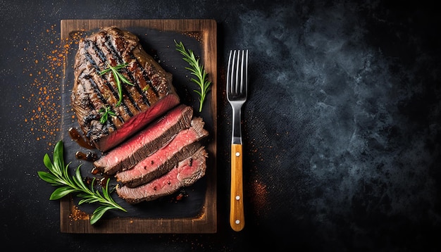 A steak and a fork are on a cutting board.