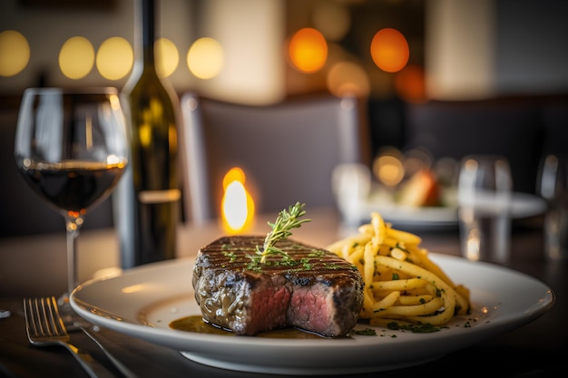 A steak and french fries are served at the restaurant.