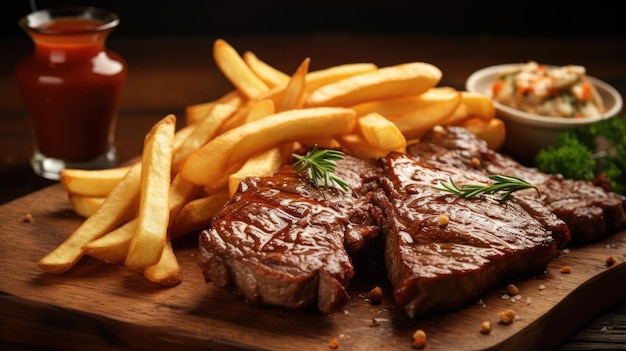 a steak and french fries on a wooden surface