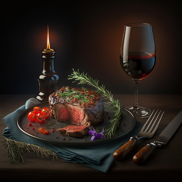ステーキとグラスワインがテーブルの上にあり、ナイフとフォークが置かれています。