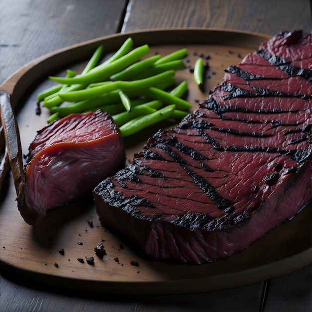 A steak and green beans are on a wooden plate.