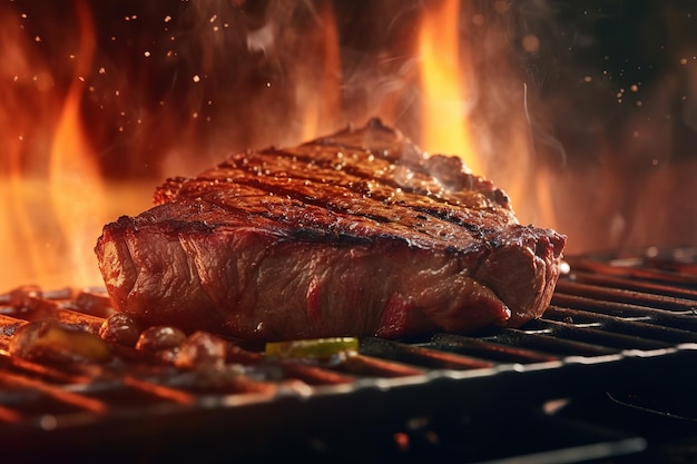 A steak on a grill with a fire in the background