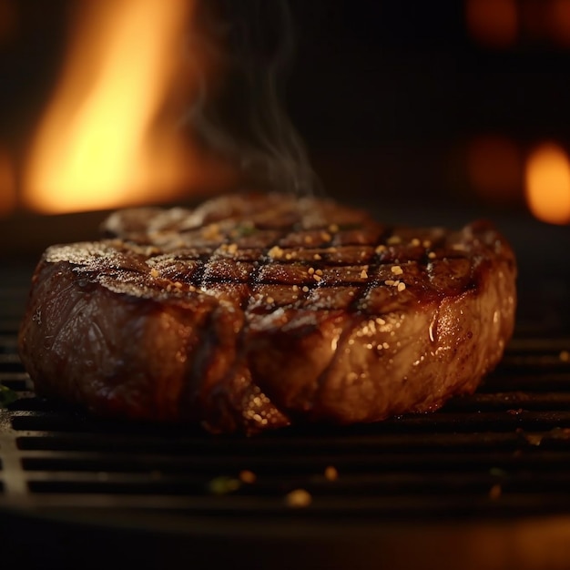 A steak on a grill with a fire in the background.