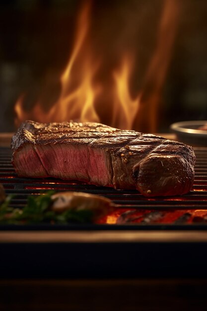 A steak on a grill with a fire in the background.