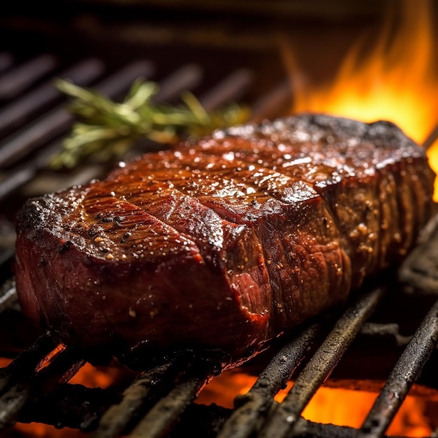 Premium AI Image | A steak on a grill with a fire behind it